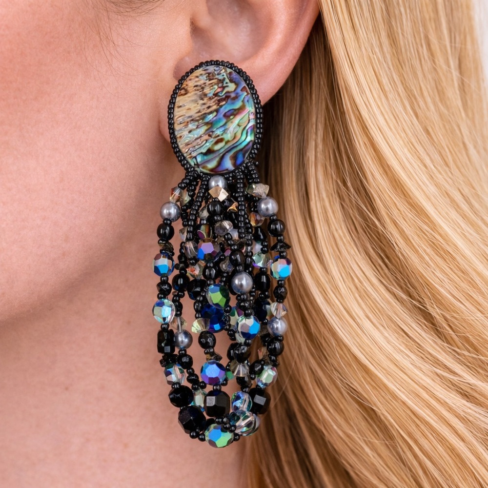 Vintage peacock abalone earrings aurora borealis black jet beads statement women